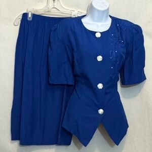 B-278 Reina Vintage 80s Blue Embroidered Puffy Sleeve Skirt Set Size 12